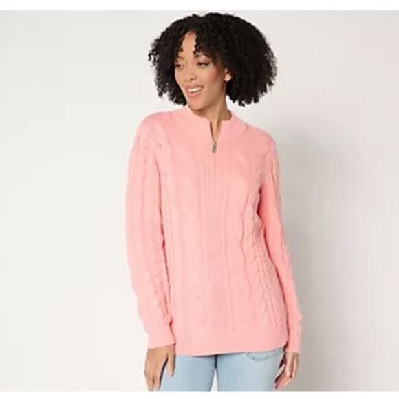 Denim & Co. Sweaters - NWT Denim & Co. QVC Pink Full Zip Cable Knit Cardigan‎ Sweater Womens Large